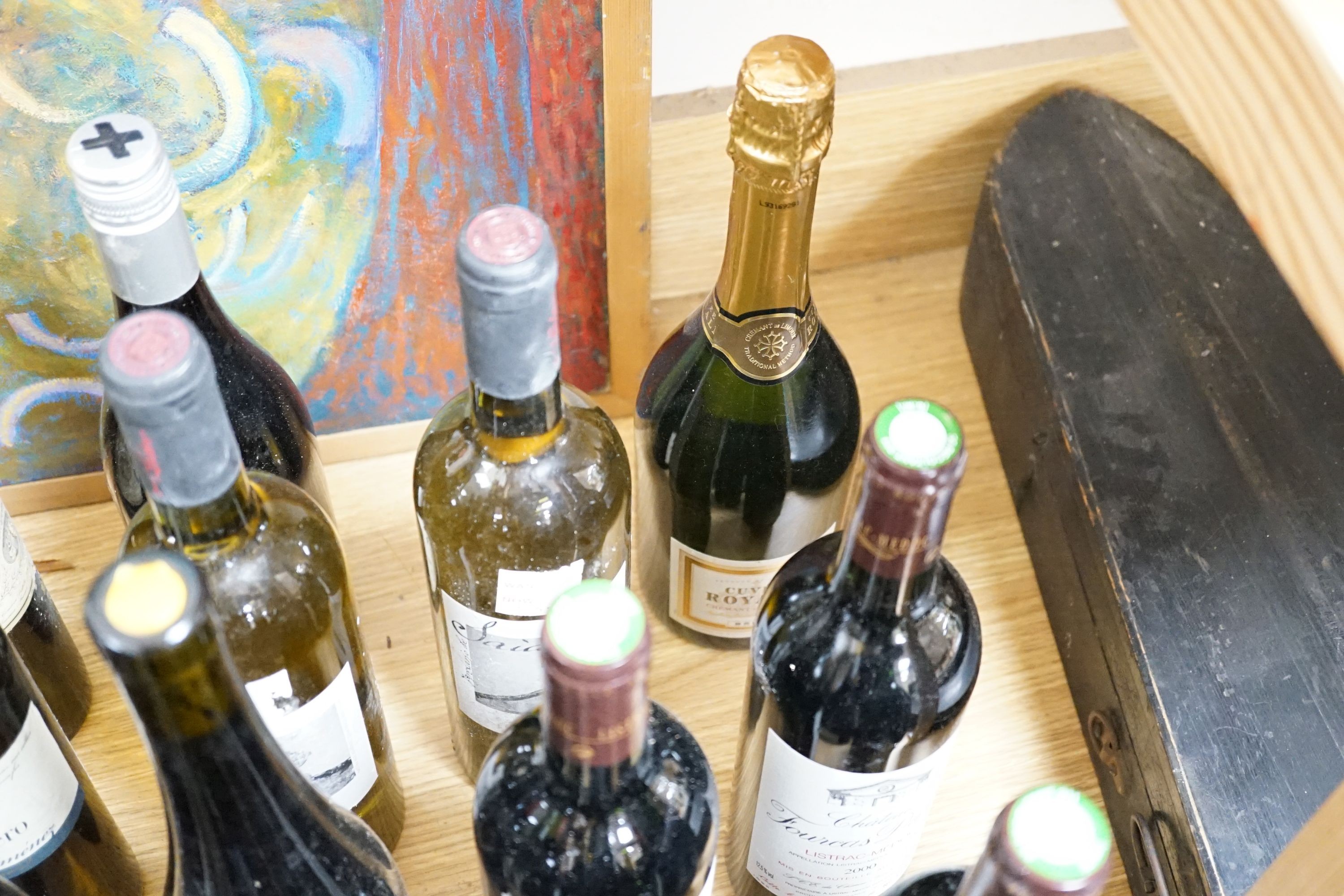 Twenty nine assorted bottles of wine is etc. including Les Tourelles de Longueville, 2003, Chateau Fourcas Dupre, 2000, Perrier Jouet Grand Brut Champagne, Chateau Sigognac, 1985 and Cote Rotie, 2001.